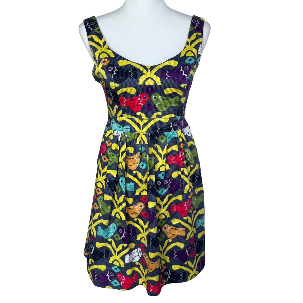 JUDITH MARCH Women's Medium Bird Print Open Back Tie Bow Fit‎ and Flare Dress